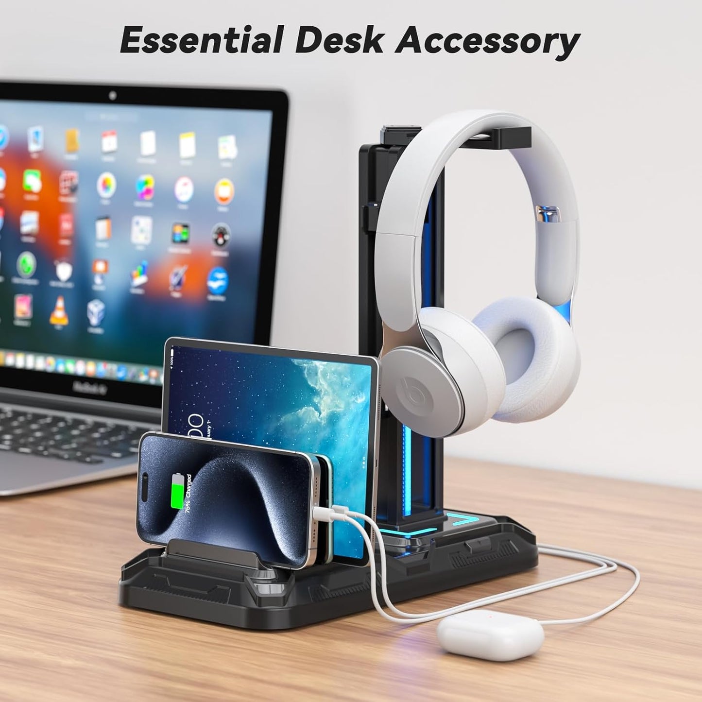Headset Stand with Phone Holder & Controller Mount, 9 Light Modes, USB Charging Ports, Rotatable Headphone Hanger, Gaming PC Accessories Storage Hook (Black)