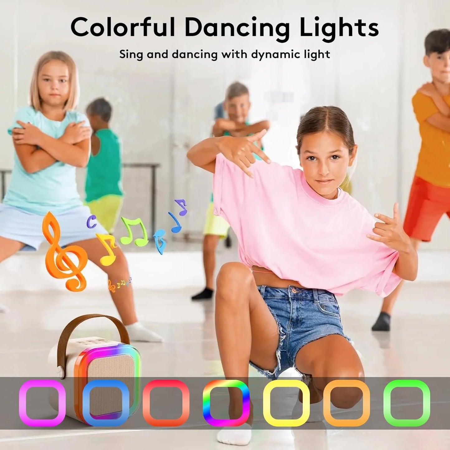 Mini Kids Karaoke Machine 2024, Portable Karaoke Speaker with 2 Wireless Mics & Party Lights, Christmas & Birthday Gift for Girls & Boys Ages 4-12+ (Beige)