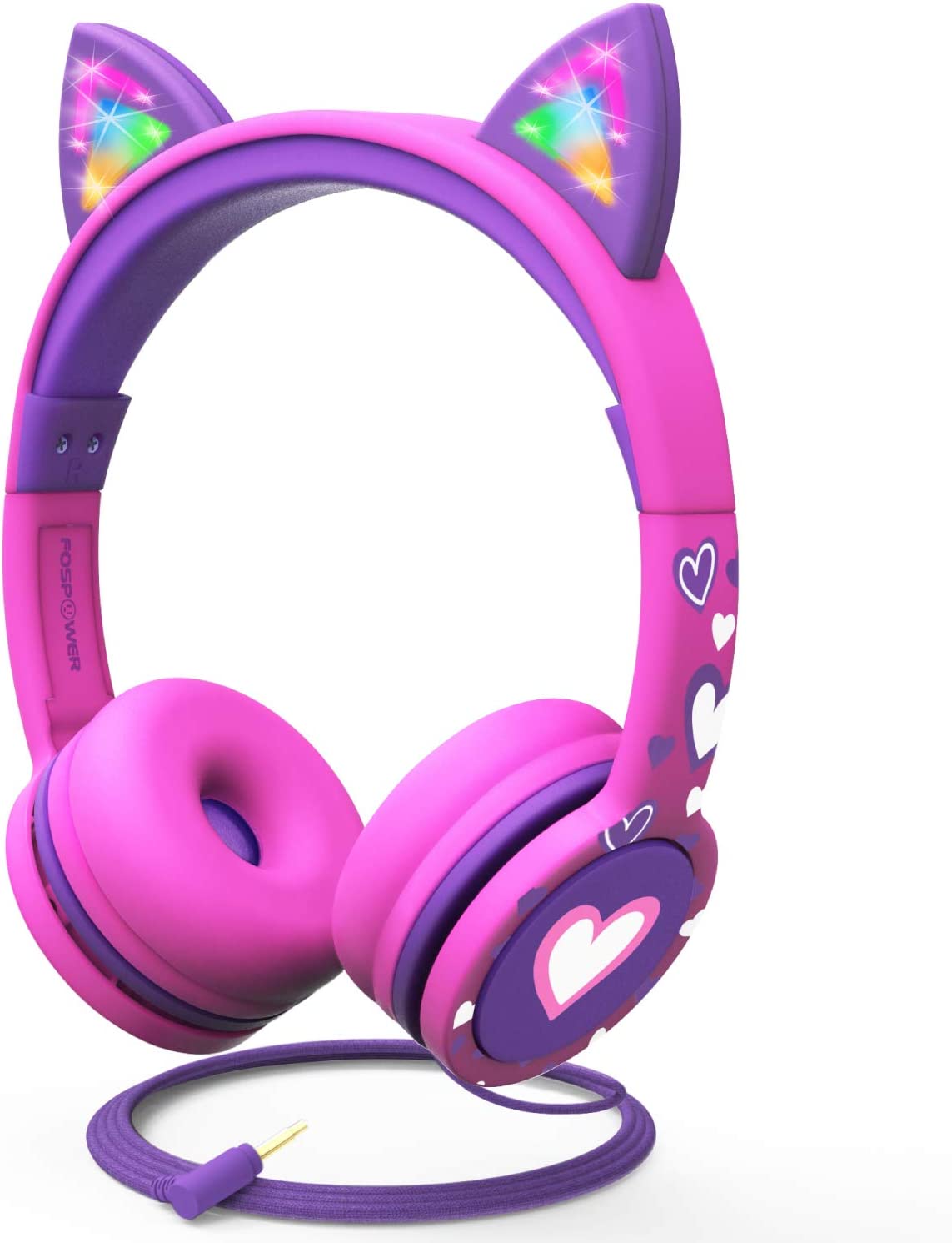Kids Headphones with LED Cat Ears, 85dB Safe Volume Limit, 3.5mm Wired On-Ear Design, Tangle-Free Laced Cables - Hot Pink/Purple, Perfect Christmas Gifts for Boys and Girls