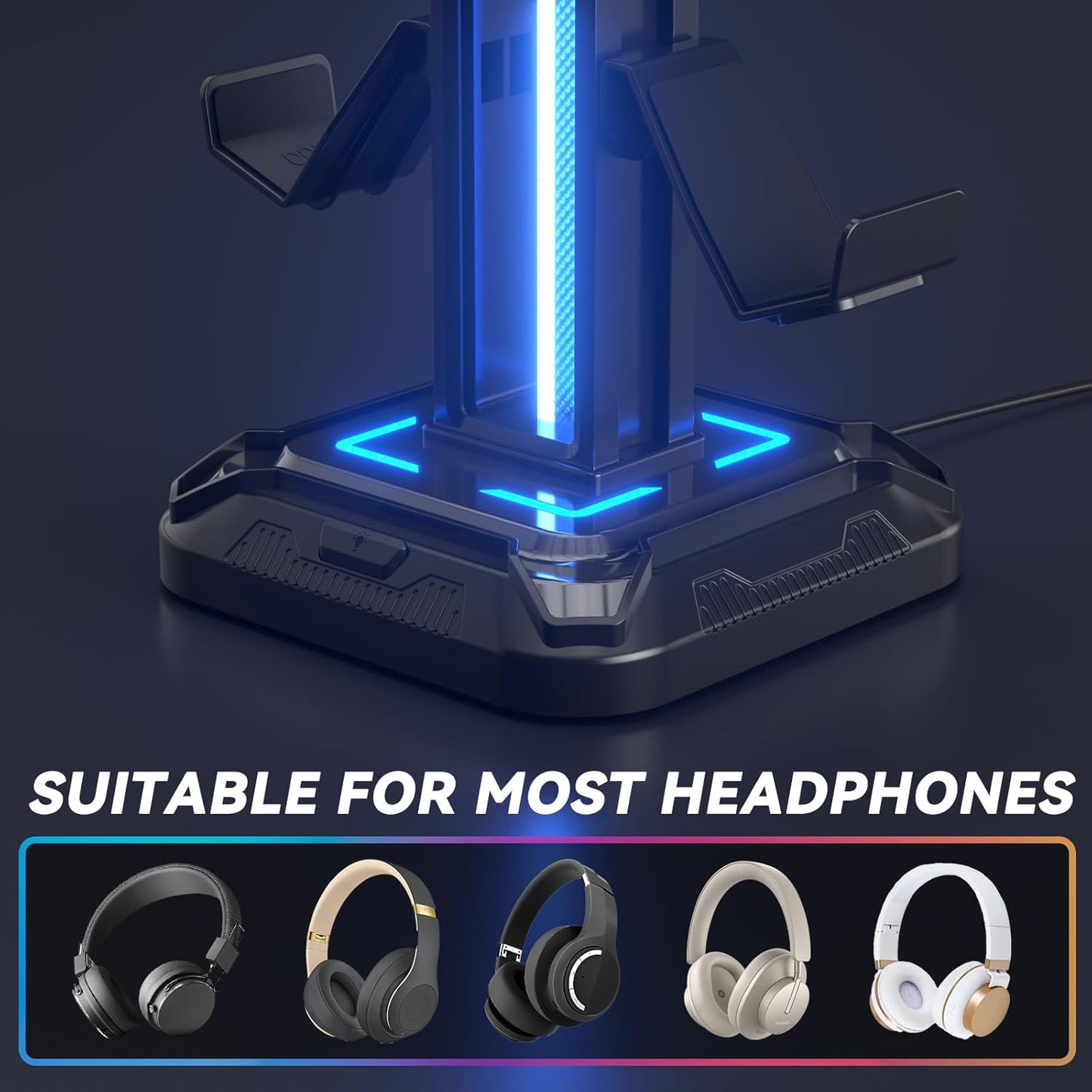 Headset Stand with Phone Holder & Controller Mount, 9 Light Modes, USB Charging Ports, Rotatable Headphone Hanger, Gaming PC Accessories Storage Hook (Black)