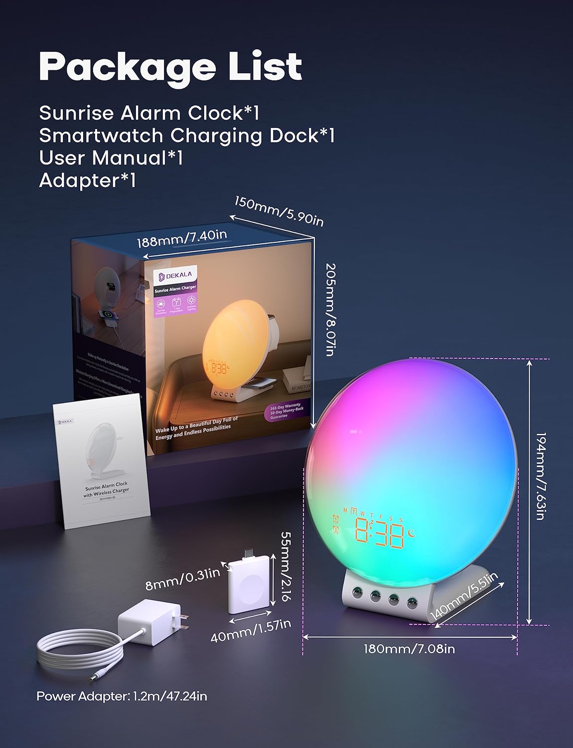 Dual Alarm Table Lamp, Sunrise Alarm Clock with Dual Wireless Charging - White Noise Sleep Sounds Machine, Sunset/Sunrise Simulation, for iPhone, Apple Watch/AirPods