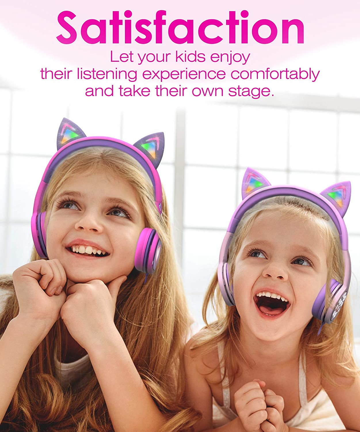 Kids Headphones with LED Cat Ears, 85dB Safe Volume Limit, 3.5mm Wired On-Ear Design, Tangle-Free Laced Cables - Hot Pink/Purple, Perfect Christmas Gifts for Boys and Girls