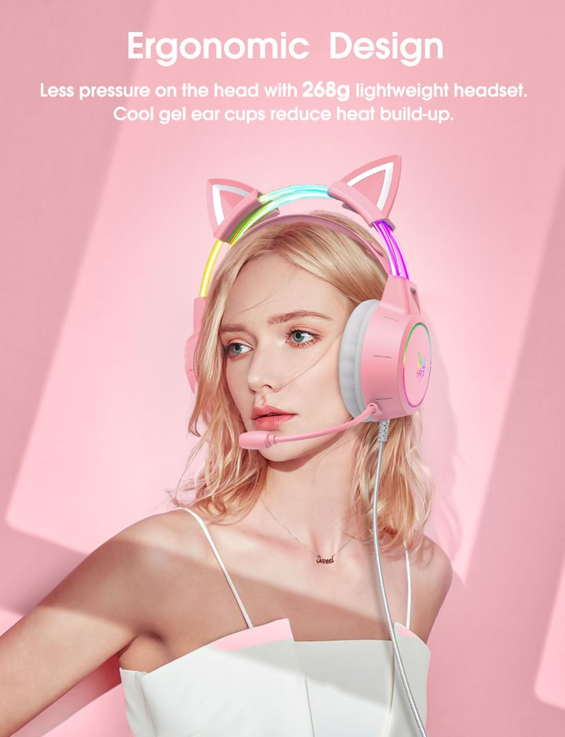Lightweight Pink Gaming Headset with Removable Cat Ears, RGB Lights, Surround Sound & Noise-Cancelling Mic – Compatible with PC, PS4/PS5, Xbox, Switch