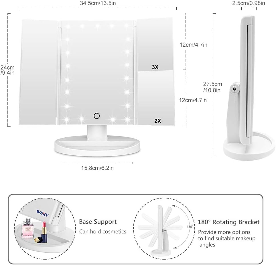 Adjustable Tri-Fold Lighted Makeup Mirror with 21 LED Lights Black, 1x/2x/3x Magnification, Touch Screen Control