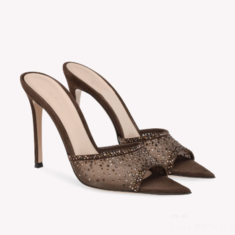 One line pointed fish mouth mesh water diamond slim heel ultra-high heel slippers