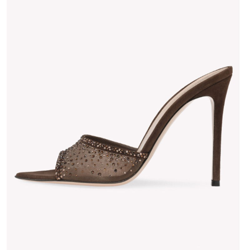 One line pointed fish mouth mesh water diamond slim heel ultra-high heel slippers