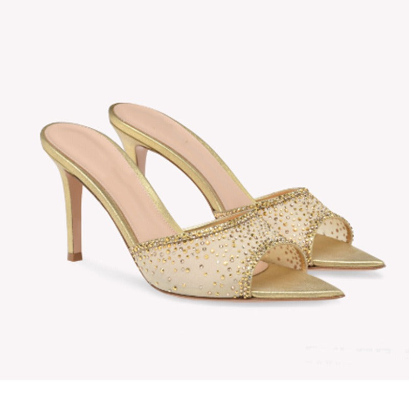 One line pointed fish mouth mesh water diamond slim heel ultra-high heel slippers