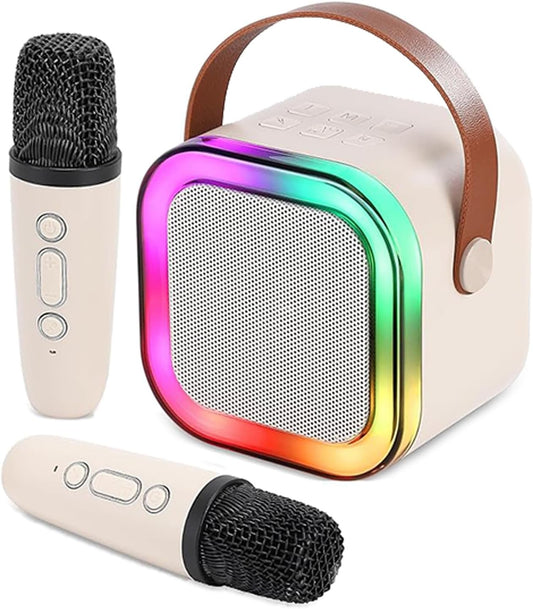 Mini Kids Karaoke Machine 2024, Portable Karaoke Speaker with 2 Wireless Mics & Party Lights, Christmas & Birthday Gift for Girls & Boys Ages 4-12+ (Beige)