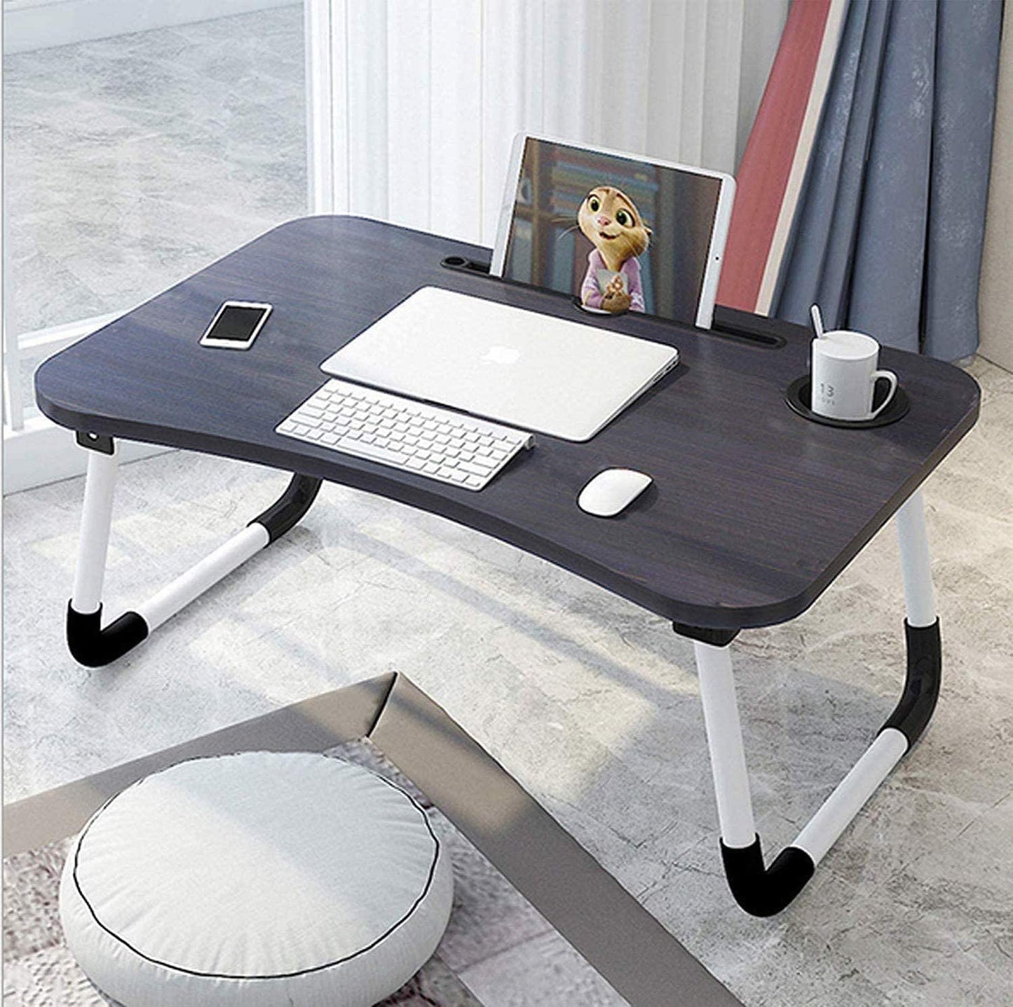 Foldable Laptop Table Bed Tray Desk – Portable Laptop Stand with Cup Holder & Tablet Slot for Bed, Sofa & Couch