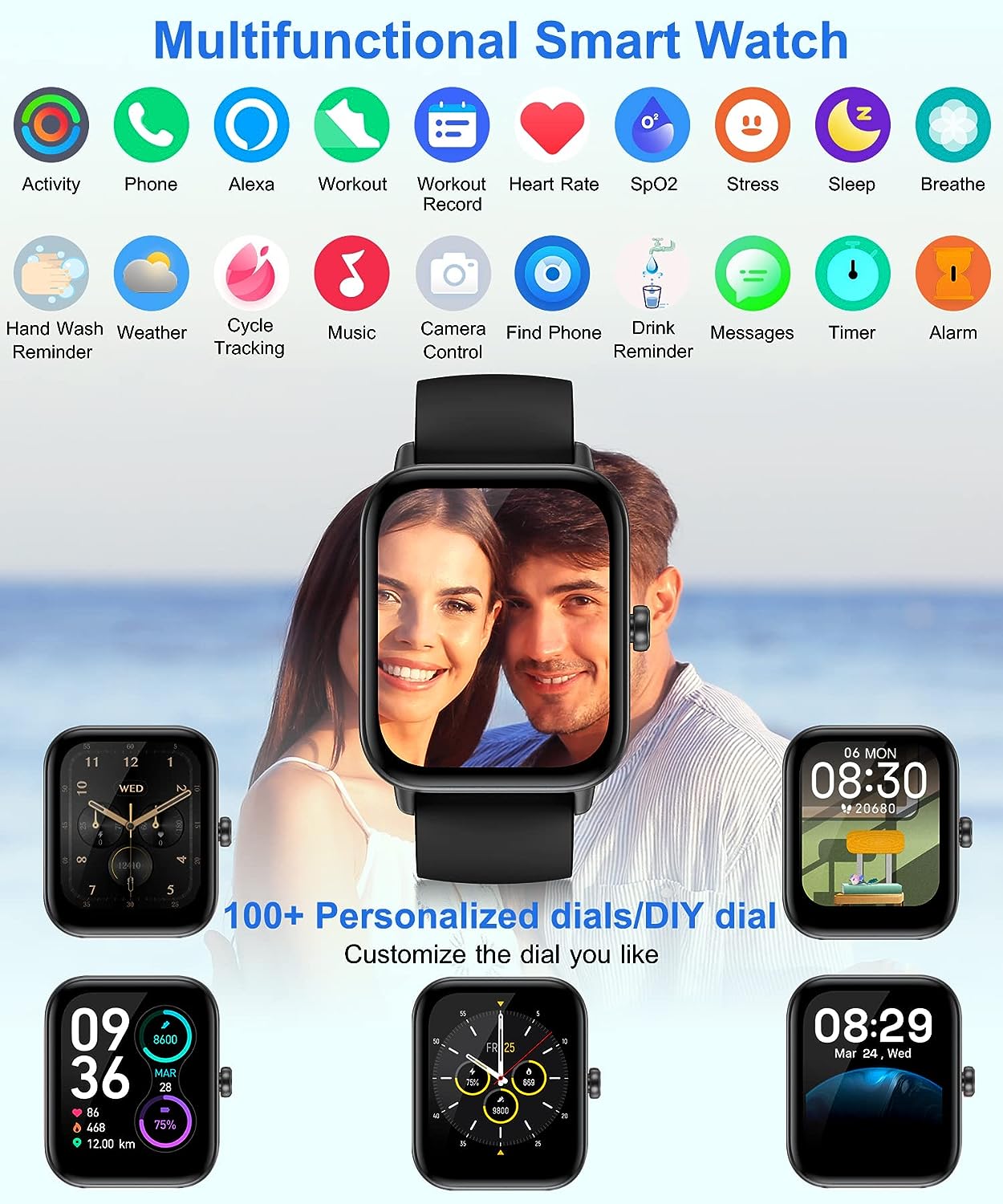 Gleam Up Smart Watch – Alexa, Fitness Tracker, Heart Rate Monitor, IP68 Waterproof (Black)