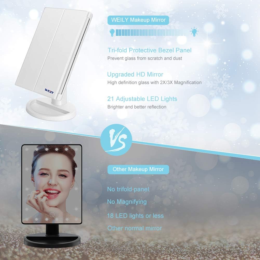 Adjustable Tri-Fold Lighted Makeup Mirror with 21 LED Lights Black, 1x/2x/3x Magnification, Touch Screen Control