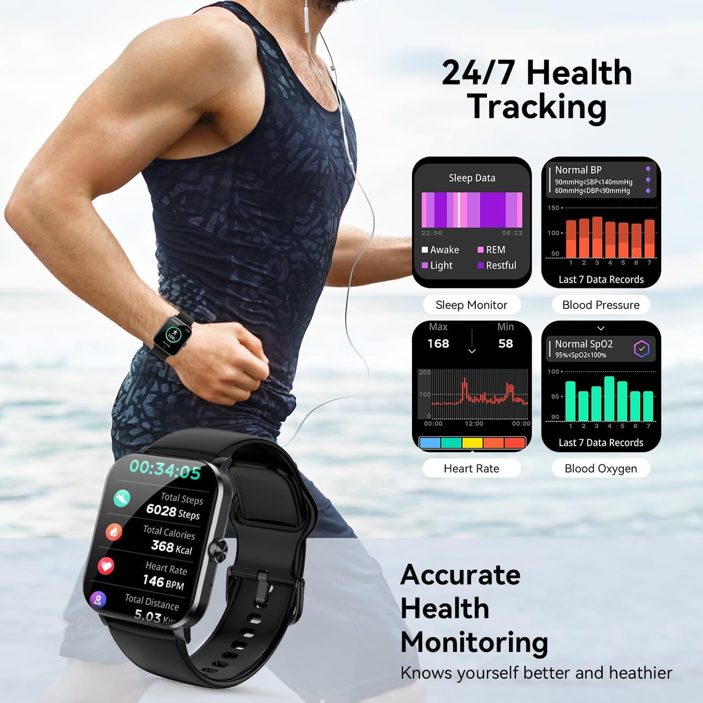 Bluetooth Smart Watch for Men & Women, 1.85" HD Fitness Tracker with Call Function, Heart Rate/Sleep/SpO2/Blood Pressure Monitor, Compatible with iOS & Android (Black)