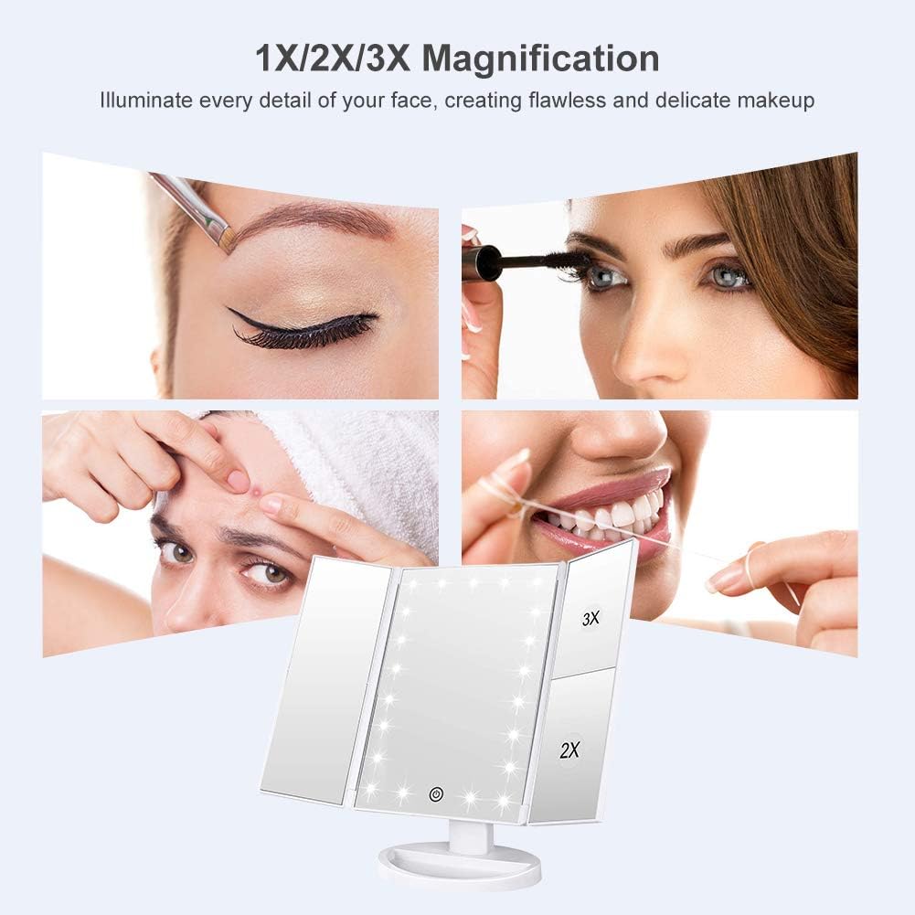 Adjustable Tri-Fold Lighted Makeup Mirror with 21 LED Lights Black, 1x/2x/3x Magnification, Touch Screen Control