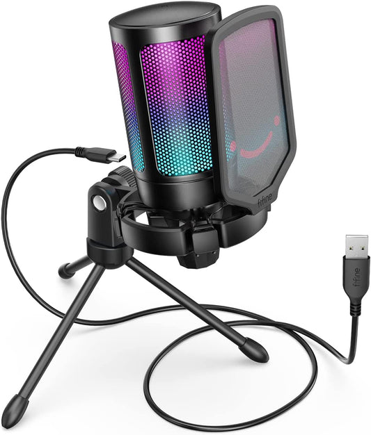 Fifine USB Gaming Microphone for PC PS5, RGB Condenser Mic with Quick Mute