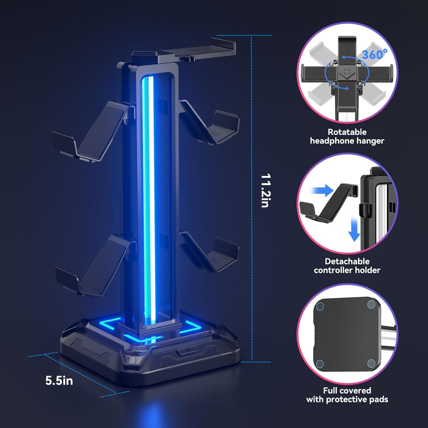Headset Stand with Phone Holder & Controller Mount, 9 Light Modes, USB Charging Ports, Rotatable Headphone Hanger, Gaming PC Accessories Storage Hook (Black)