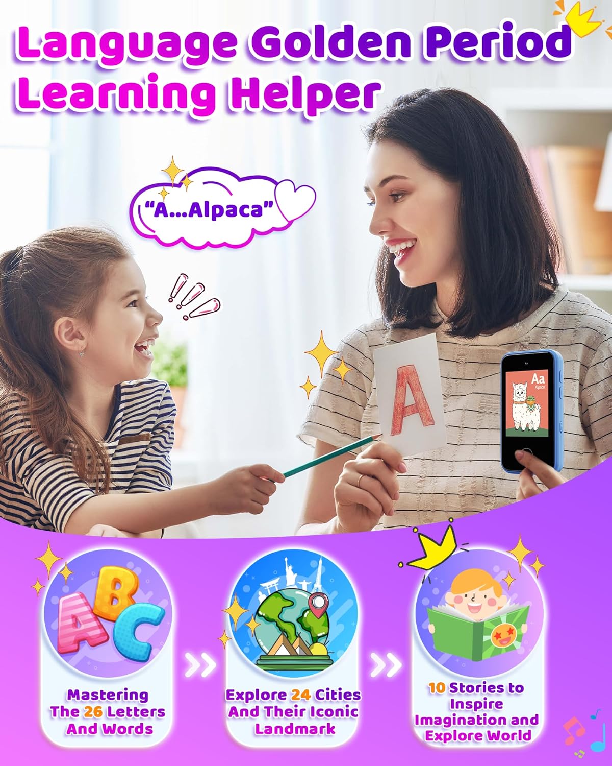 Kids Smart Phone Toy for Boys & Girls 3-6 Years Old - Educational games, Dual cameras, MP3 Music Player, and touchscreen pretend play. Toddler Birthday Gifts - Purple