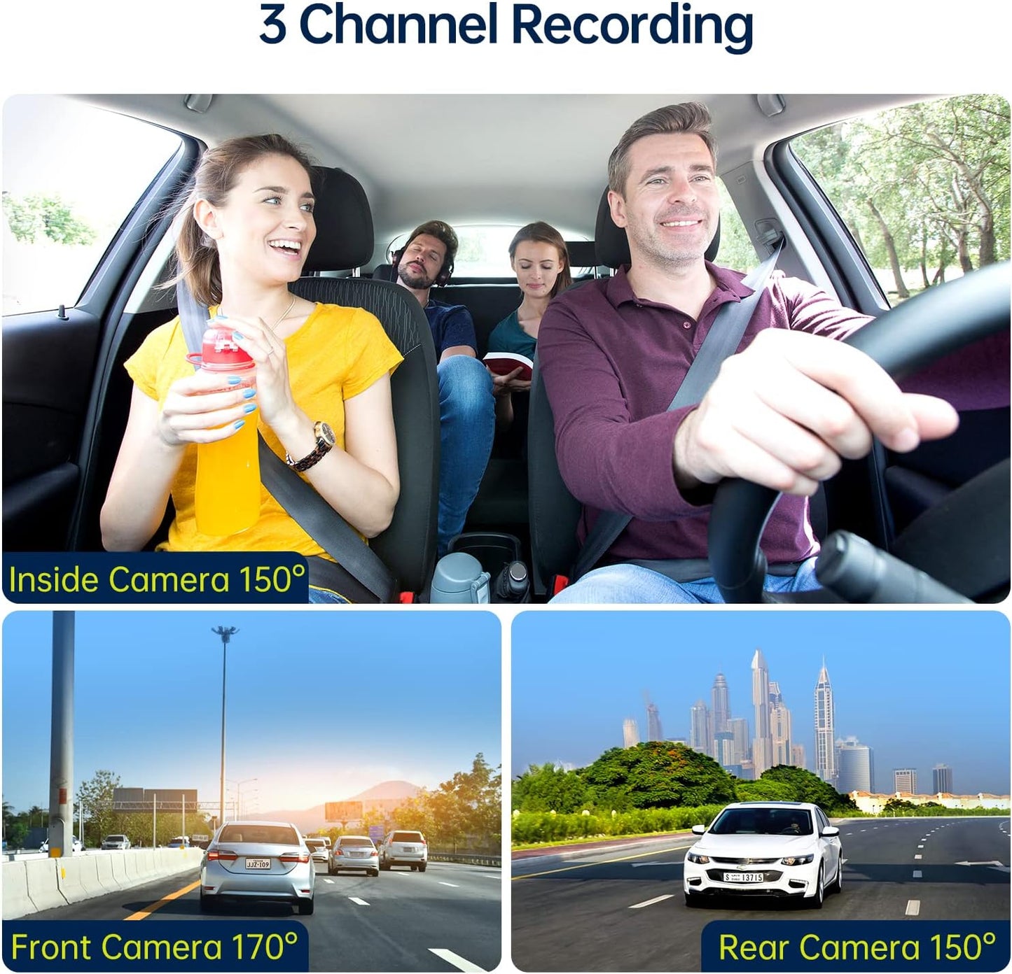 3-Channel Dash Cam with IR Night Vision and 64GB SD Card