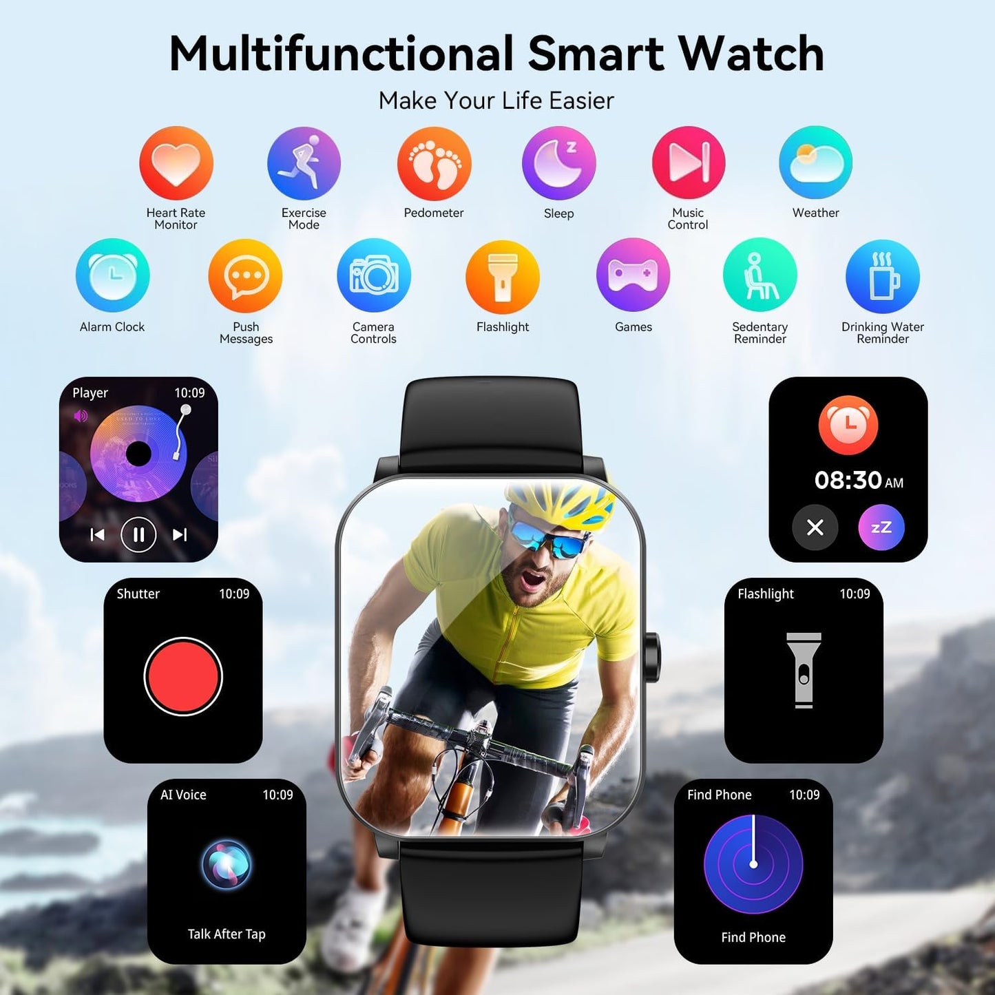 Bluetooth Smart Watch for Men & Women, 1.85" HD Fitness Tracker with Call Function, Heart Rate/Sleep/SpO2/Blood Pressure Monitor, Compatible with iOS & Android (Black)