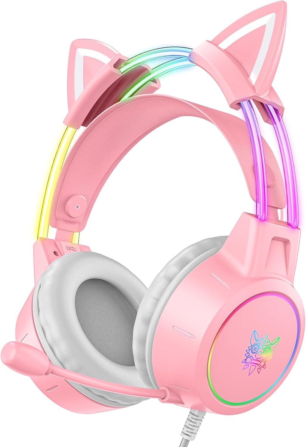 Lightweight Pink Gaming Headset with Removable Cat Ears, RGB Lights, Surround Sound & Noise-Cancelling Mic – Compatible with PC, PS4/PS5, Xbox, Switch