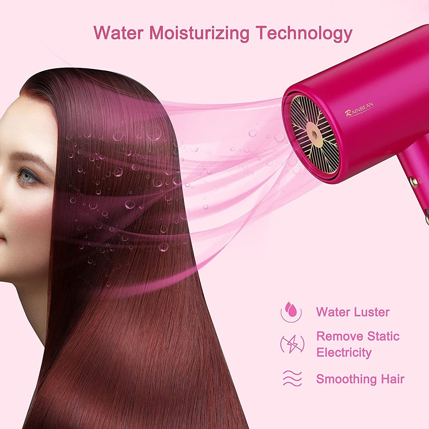 Water Ionic Hair Dryer 1800W Blow Dryer with Magnetic Nozzle (Pink)