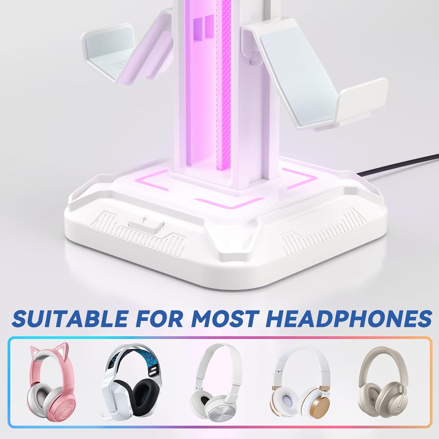 Headset Stand with Phone Holder & Controller Mount, 9 Light Modes, USB Charging Ports, Rotatable Headphone Hanger, Gaming PC Accessories Storage Hook (Black)