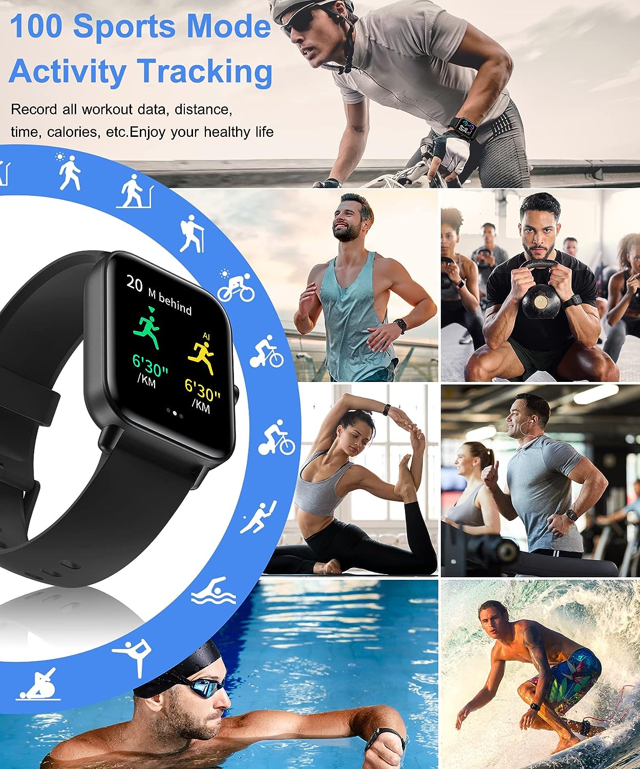 Gleam Up Smart Watch – Alexa, Fitness Tracker, Heart Rate Monitor, IP68 Waterproof (Black)