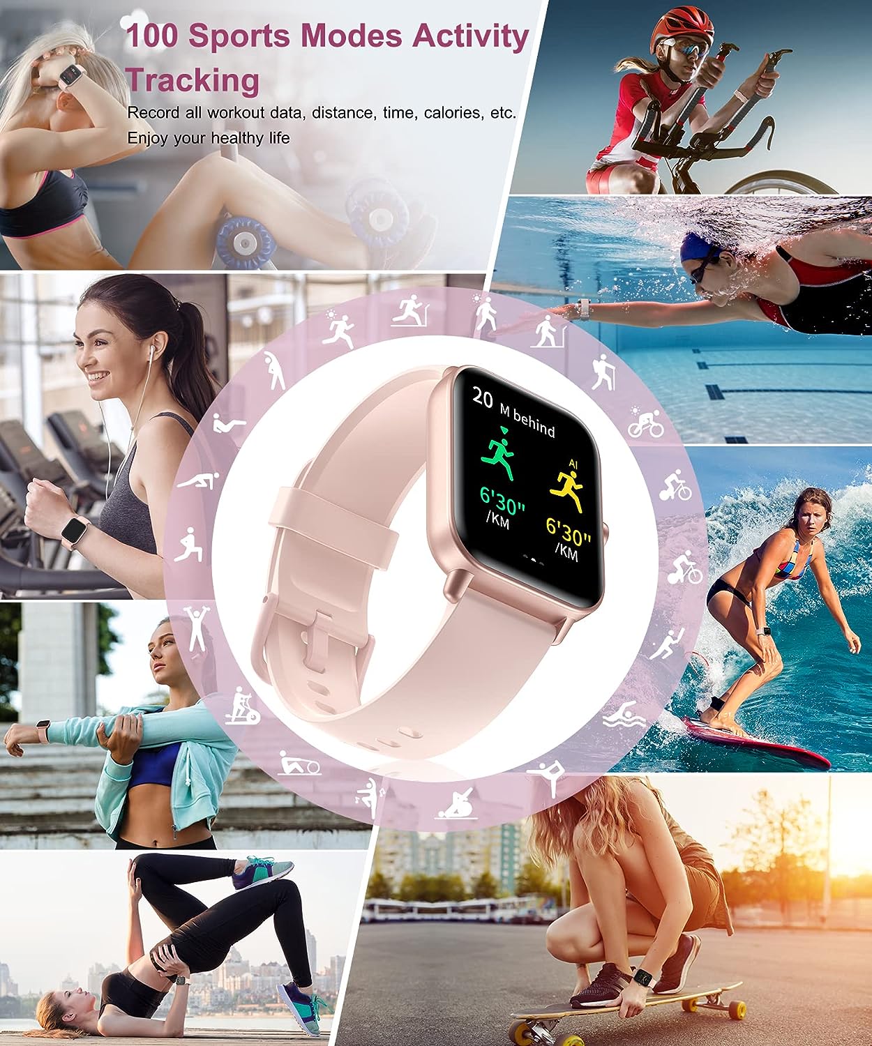 Gleam Up Smart Watch – Alexa, Fitness Tracker, Heart Rate Monitor, IP68 Waterproof (Pink)