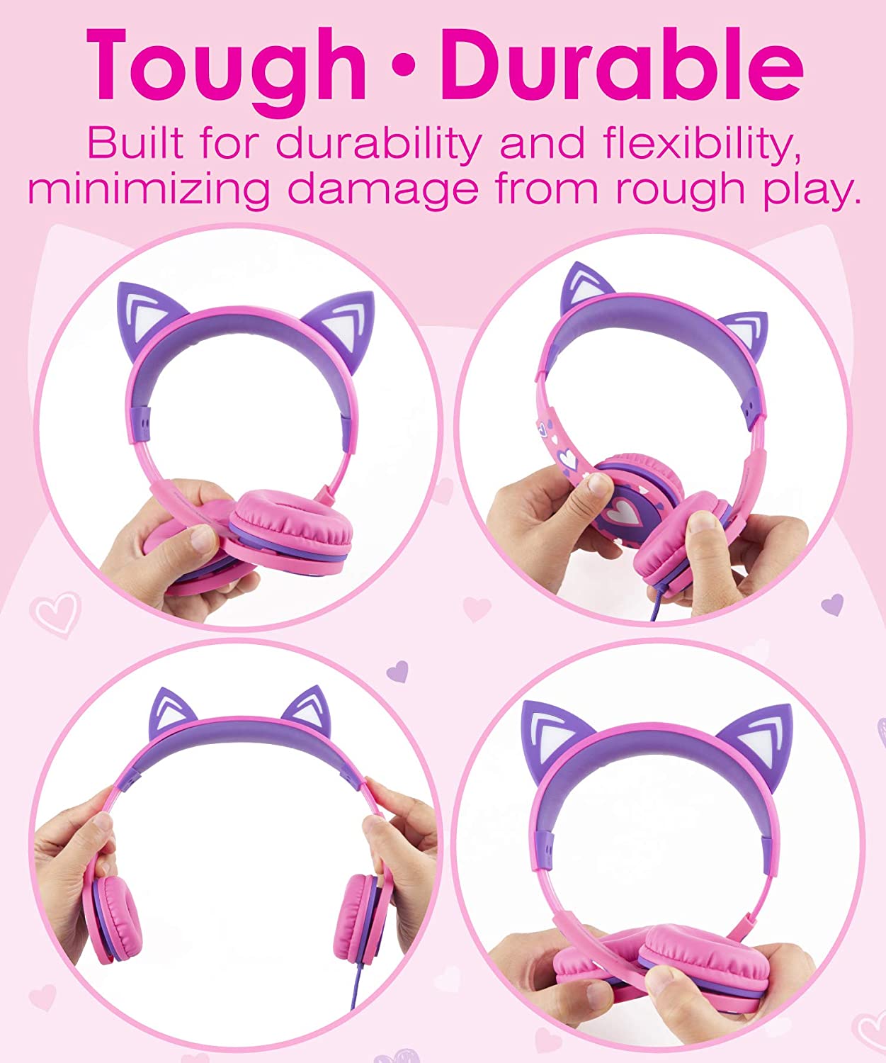 Kids Headphones with LED Cat Ears, 85dB Safe Volume Limit, 3.5mm Wired On-Ear Design, Tangle-Free Laced Cables - Hot Pink/Purple, Perfect Christmas Gifts for Boys and Girls