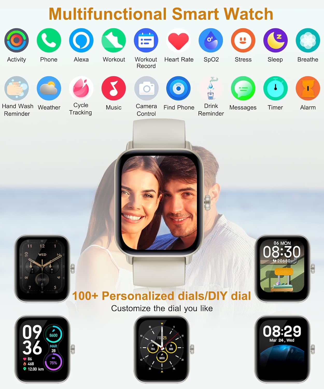 Gleam Up Smart Watch – Alexa, Fitness Tracker, Heart Rate Monitor, IP68 Waterproof (White)