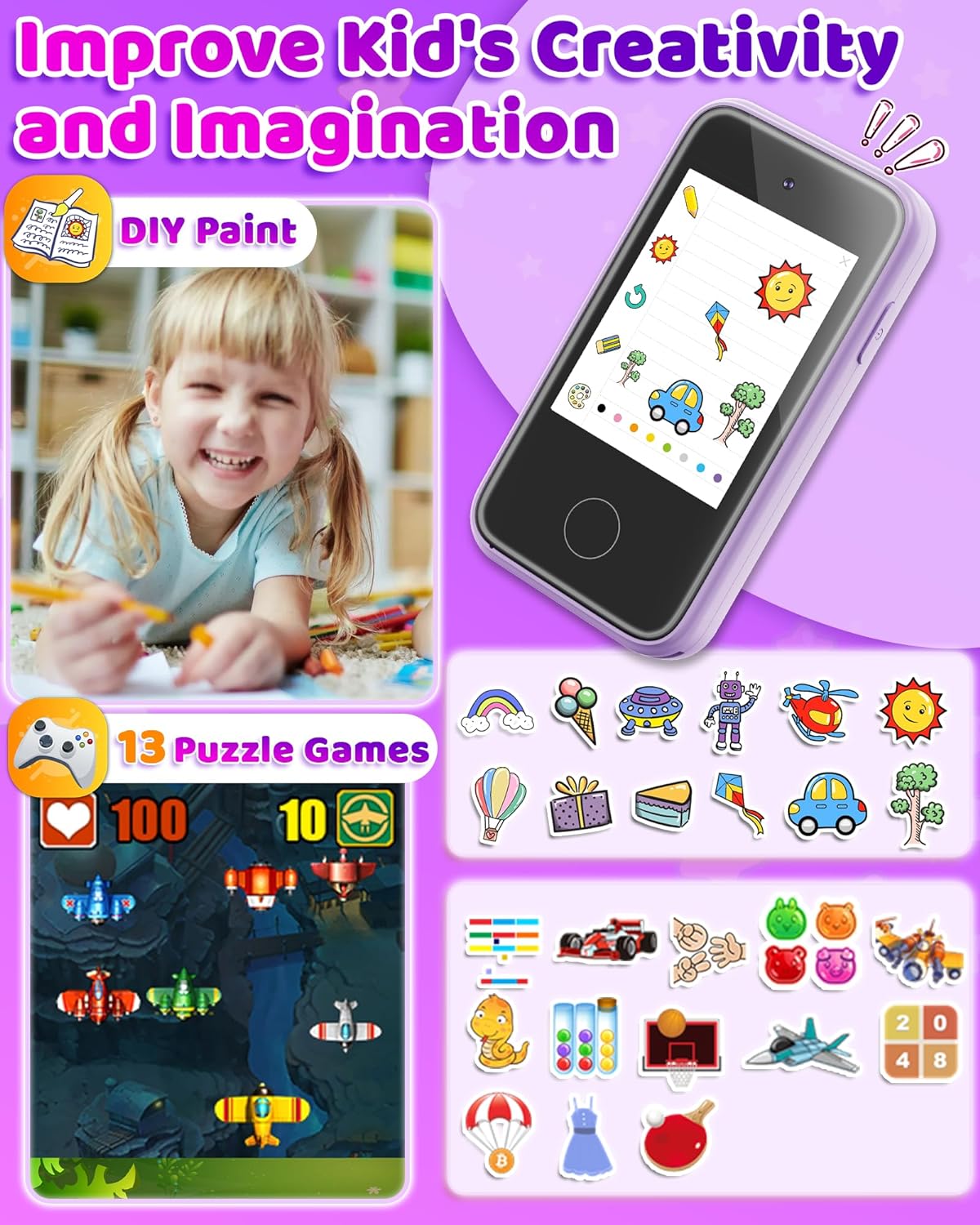 Kids Smart Phone Toy for Boys & Girls 3-6 Years Old - Educational games, Dual cameras, MP3 Music Player, and touchscreen pretend play. Toddler Birthday Gifts - Purple
