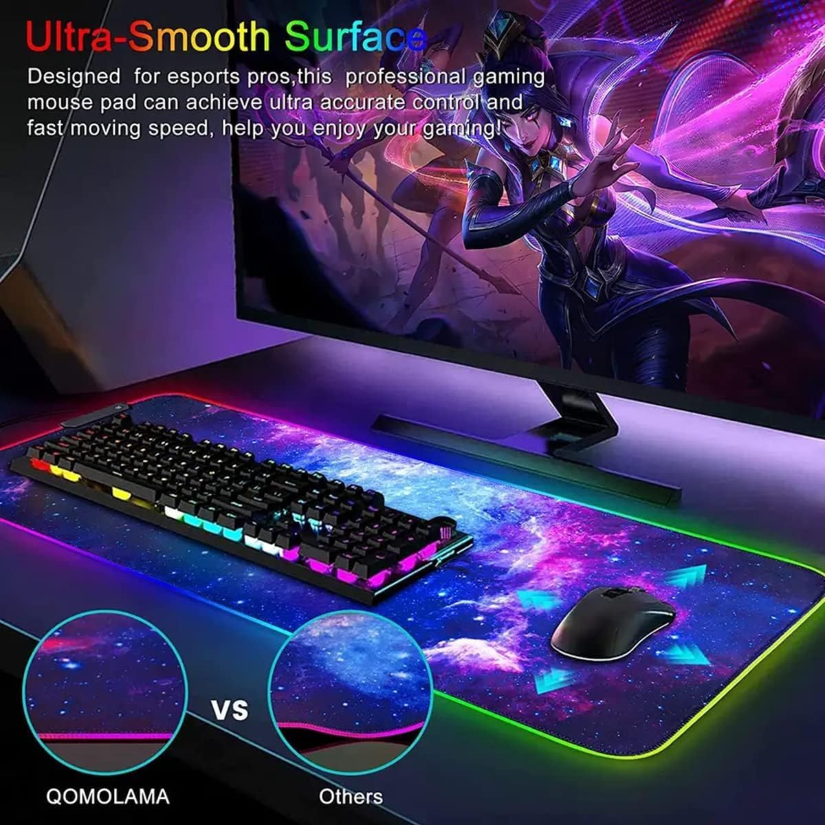 RGB Gaming Mouse Pad, Large 31.5 X 11.8 Inch, 12 Lighting Modes 7 Colors, and Anti-Slip Rubber Base.