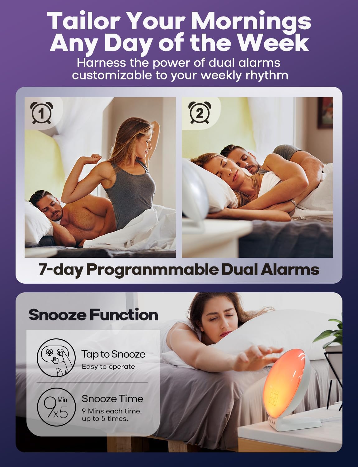 Dual Alarm Table Lamp, Sunrise Alarm Clock with Dual Wireless Charging - White Noise Sleep Sounds Machine, Sunset/Sunrise Simulation, for iPhone, Apple Watch/AirPods