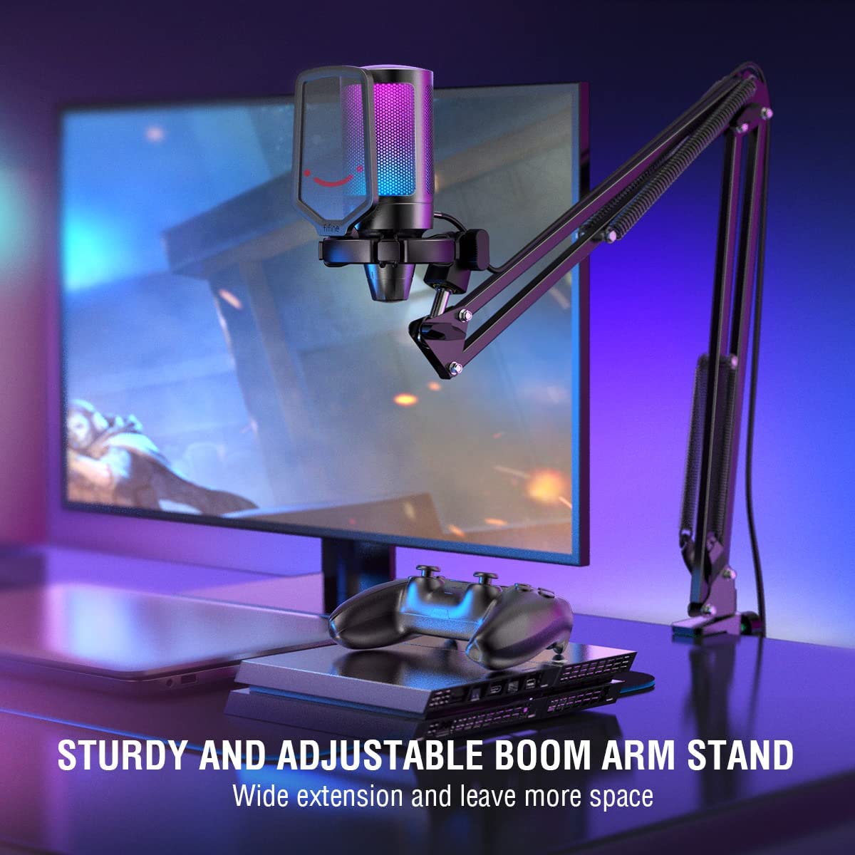 Fifine Gaming Microphone - USB Condenser Mic Kit with RGB, Mute Button, Gain Knob, Boom Arm Stand, Pop Filter for PC Recording