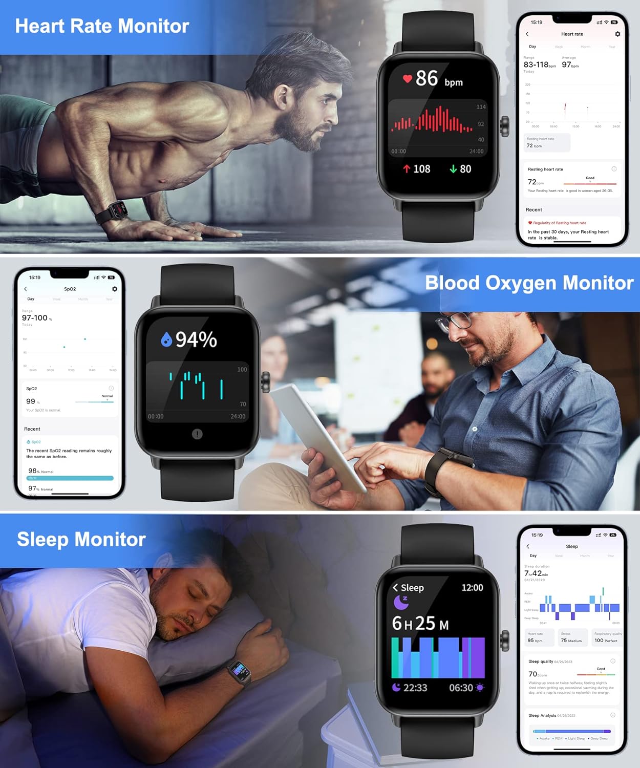 Gleam Up Smart Watch – Alexa, Fitness Tracker, Heart Rate Monitor, IP68 Waterproof (Black)