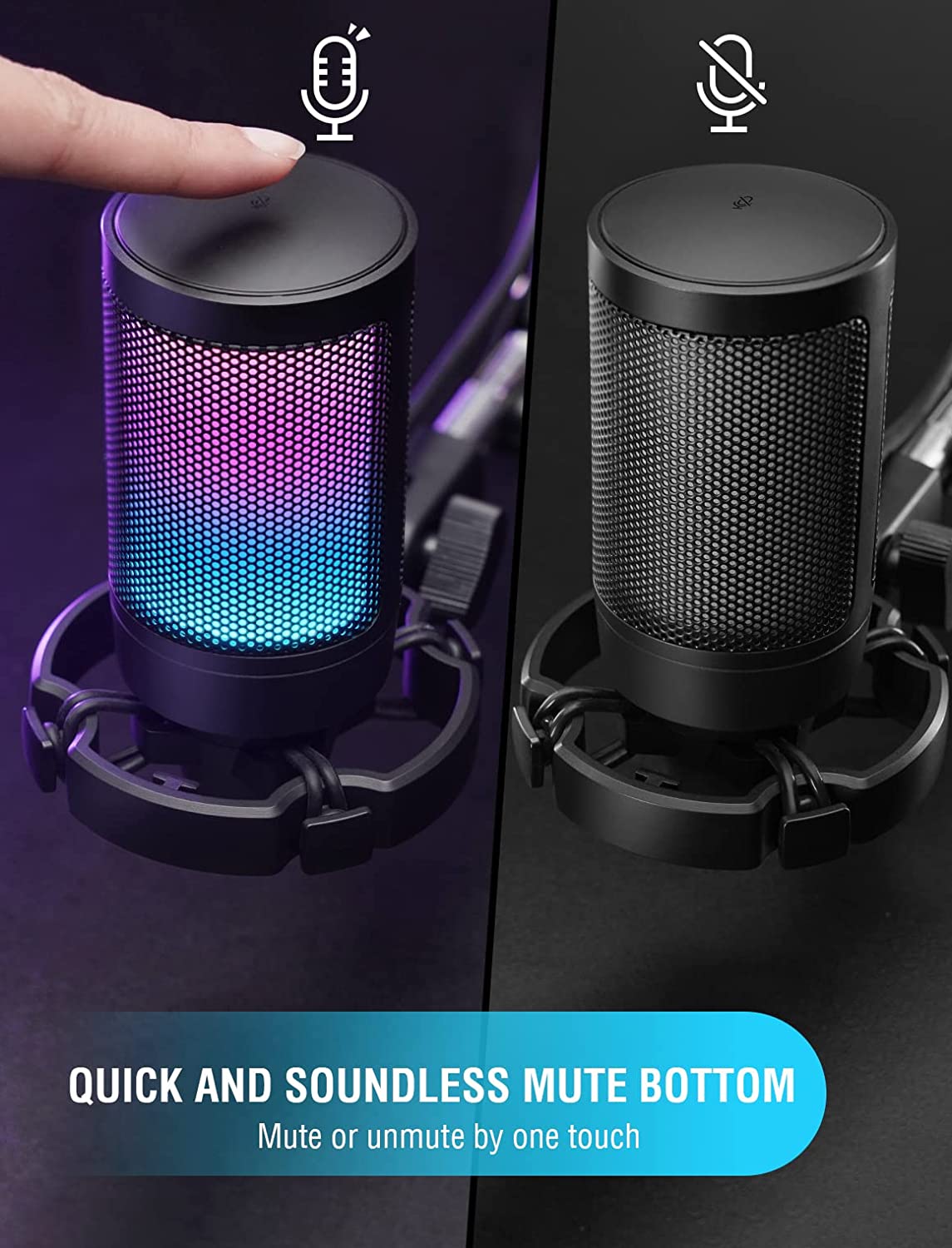 Fifine USB Gaming Microphone for PC PS5, RGB Condenser Mic with Quick Mute