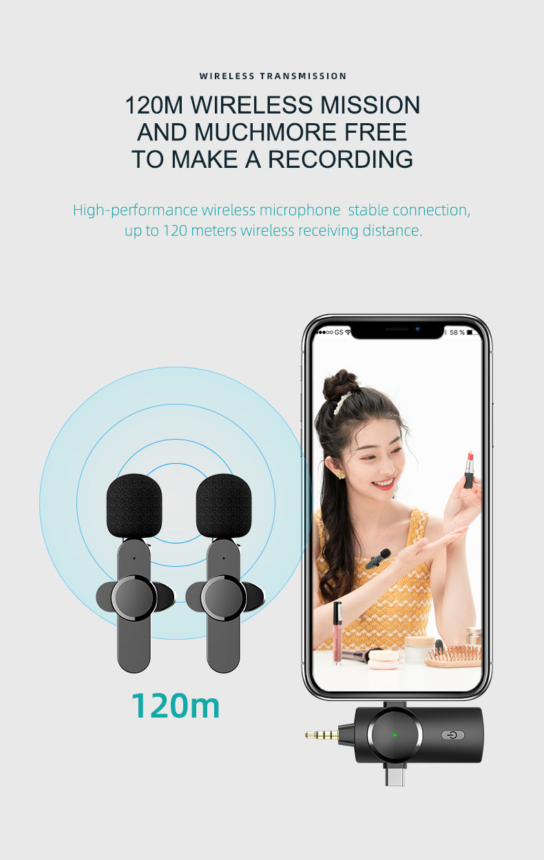 Ultrend 3-in-1 Dual Wireless Lavalier Microphone – 2.4G, 120m Range, Noise Reduction, 360° Pickup | Micro-Cravate Sans Fil Double pour iPhone/Android/Camera