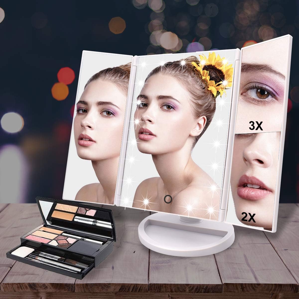 Adjustable Tri-Fold Lighted Makeup Mirror with 21 LED Lights Black, 1x/2x/3x Magnification, Touch Screen Control