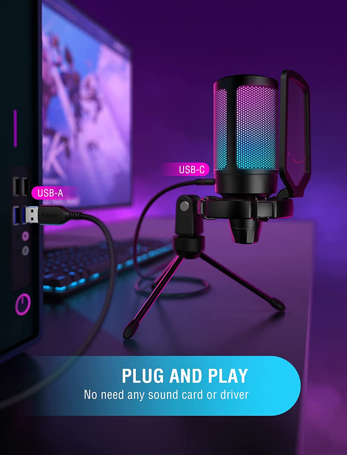 Fifine USB Gaming Microphone for PC PS5, RGB Condenser Mic with Quick Mute