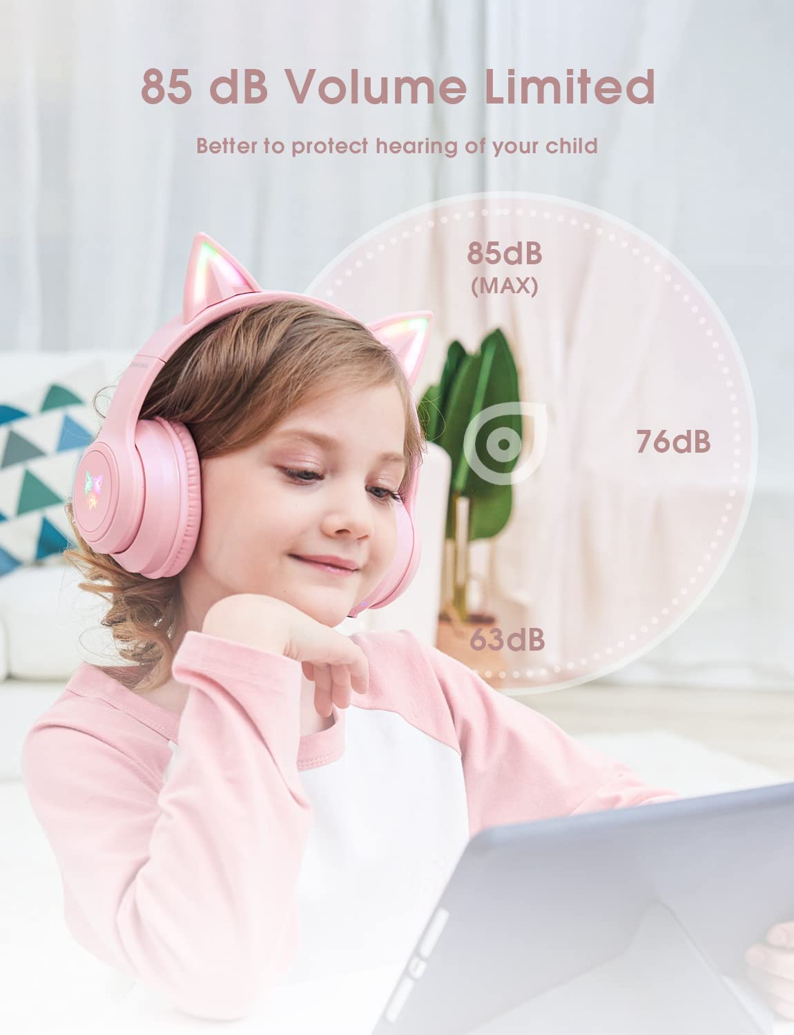 Bluetooth Cat Ear Headphones for Kids - Foldable, LED Lights, 85dB Volume (Pink)