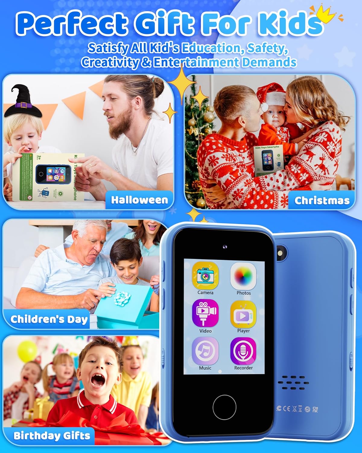 Kids Smart Phone Toy for Boys 3-8 Years Old - Educational games, Dual cameras, MP3 Music Player, and touchscreen pretend play. Spark imagination and early learning toy - Blue