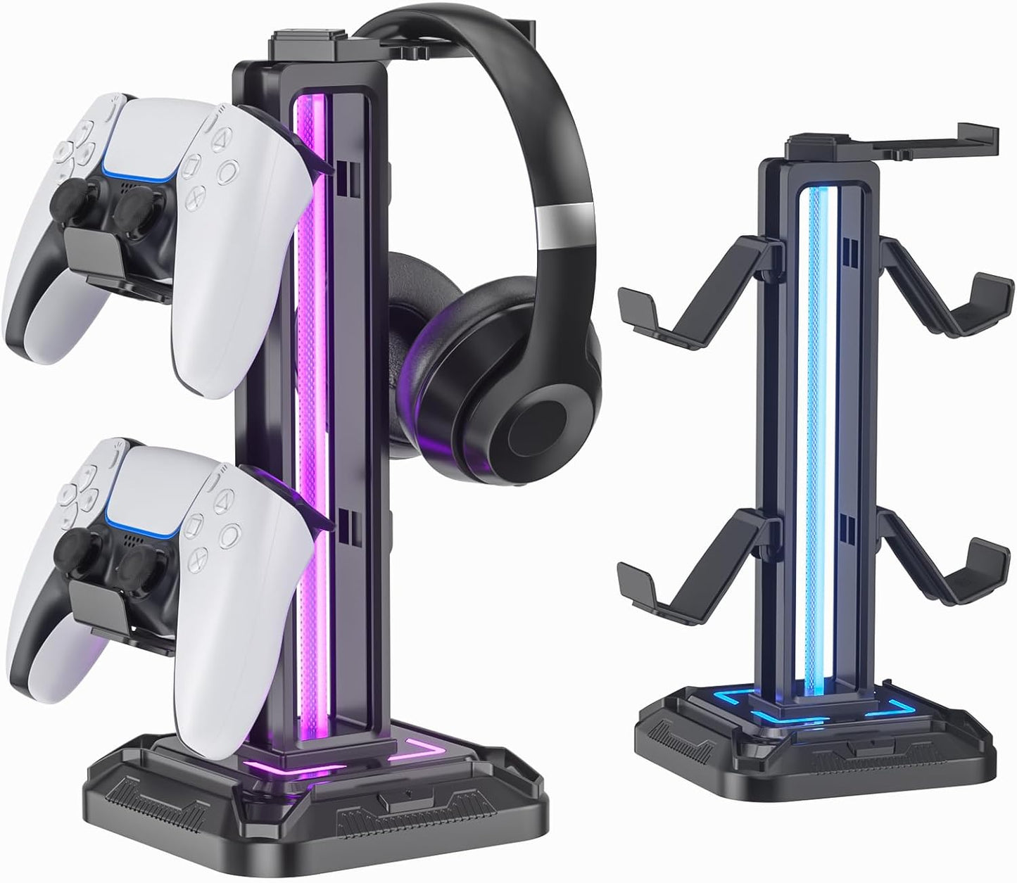 Headset Stand with Phone Holder & Controller Mount, 9 Light Modes, USB Charging Ports, Rotatable Headphone Hanger, Gaming PC Accessories Storage Hook (Black)