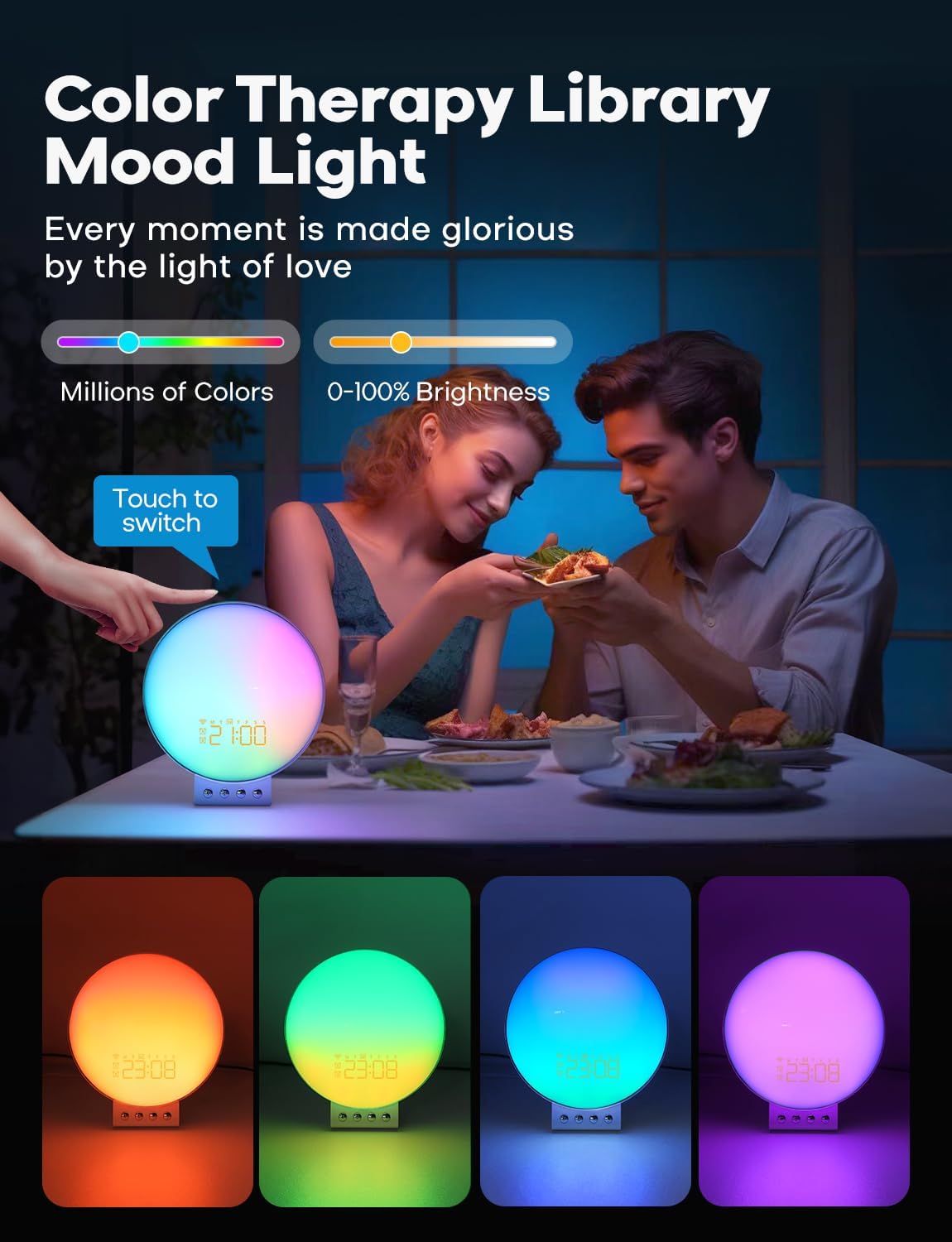 Dual Alarm Table Lamp, Sunrise Alarm Clock with Dual Wireless Charging - White Noise Sleep Sounds Machine, Sunset/Sunrise Simulation, for iPhone, Apple Watch/AirPods