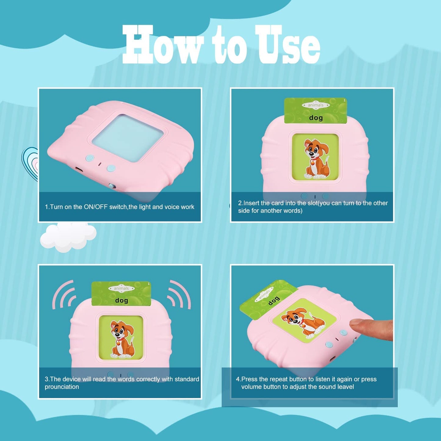 Flash Cards for Kids, Electronic Audible Machine Learning Toys, Phonics Talking 112 Pcs Flash Cards, Kids Birthday Gift. (Pink)