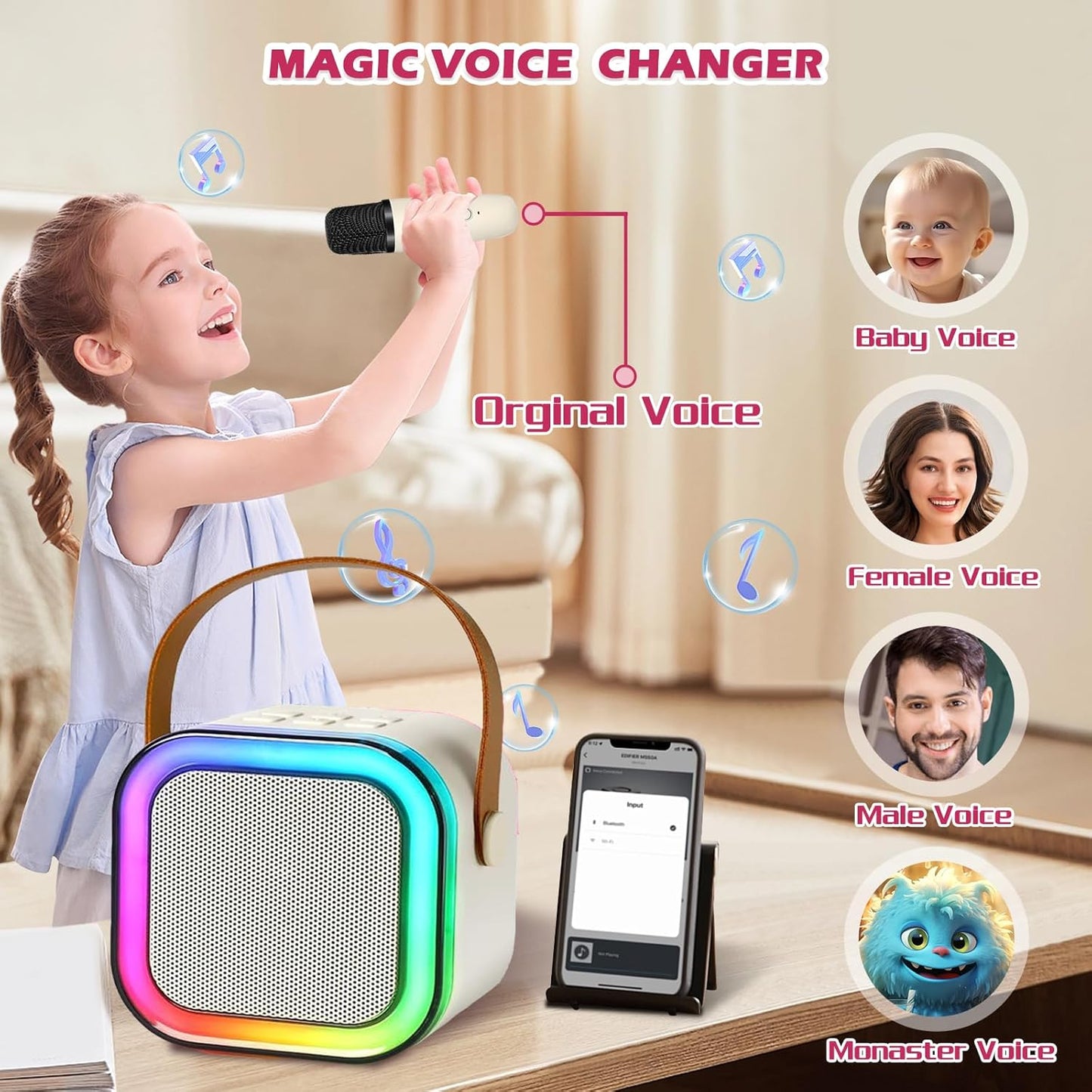 Mini Kids Karaoke Machine 2024, Portable Karaoke Speaker with 2 Wireless Mics & Party Lights, Christmas & Birthday Gift for Girls & Boys Ages 4-12+ (Beige)