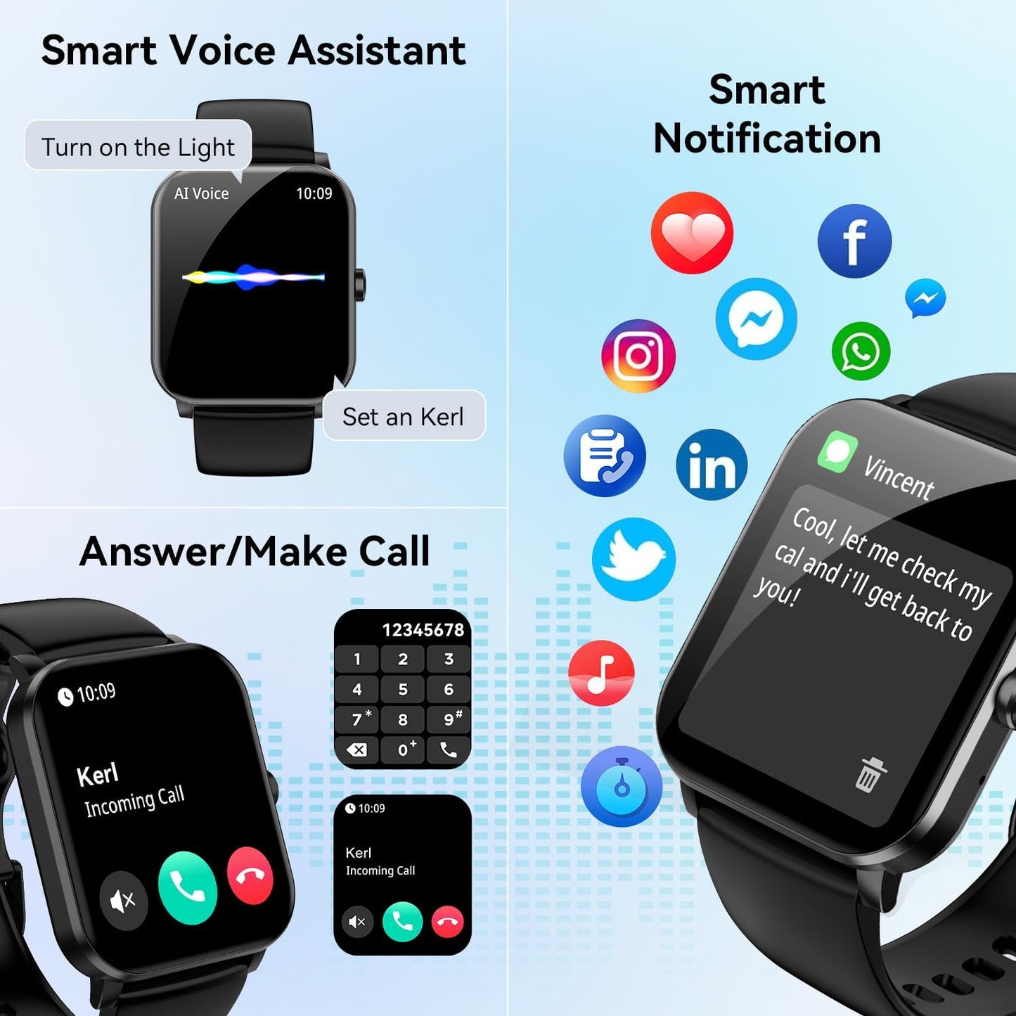 Bluetooth Smart Watch for Men & Women, 1.85" HD Fitness Tracker with Call Function, Heart Rate/Sleep/SpO2/Blood Pressure Monitor, Compatible with iOS & Android (Black)