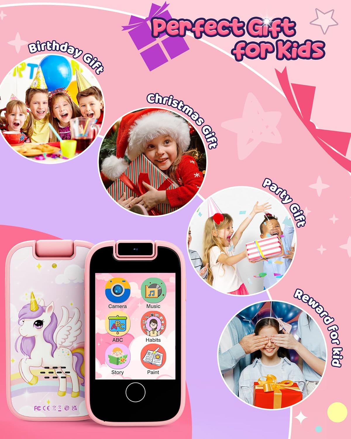 Kids Smart Phone Toy Pink for Girls 3-8 Years Old. Toddler Unicorn Gifts, Educational games, Dual cameras, MP3 Music Player, and touchscreen pretend play. Toddler Birthday Gifts