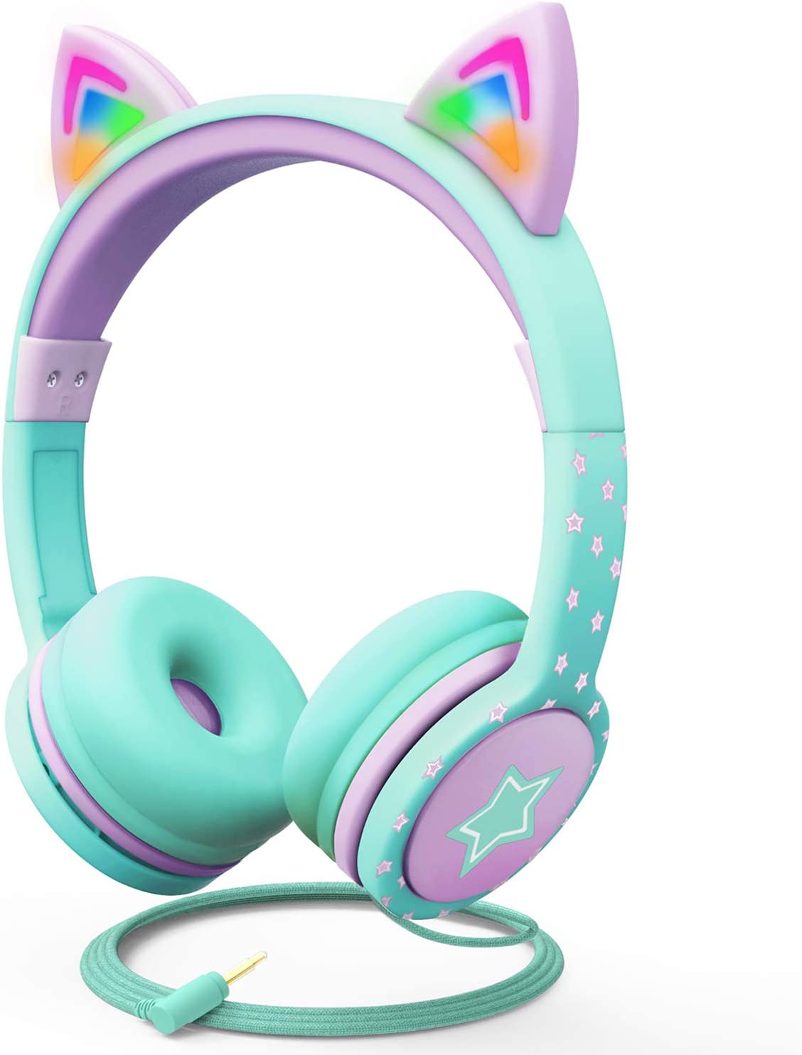 Kids Headphones with LED Cat Ears, 85dB Safe Volume Limit, 3.5mm Wired On-Ear Design, Tangle-Free Laced Cables - Teal/Light Purple, Perfect Christmas Gifts for Boys and Girls)