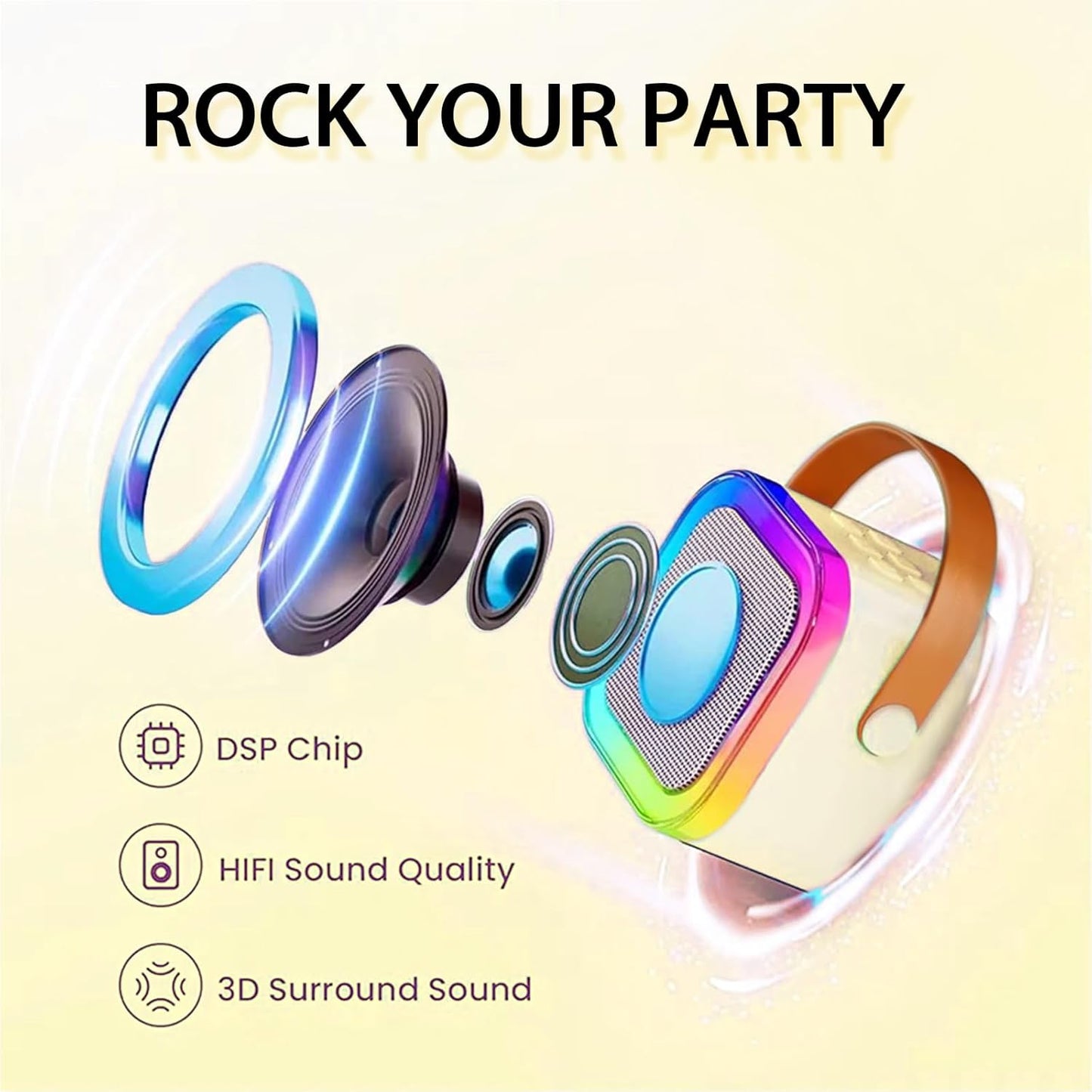 Mini Kids Karaoke Machine 2024, Portable Karaoke Speaker with 2 Wireless Mics & Party Lights, Christmas & Birthday Gift for Girls & Boys Ages 4-12+ (Beige)