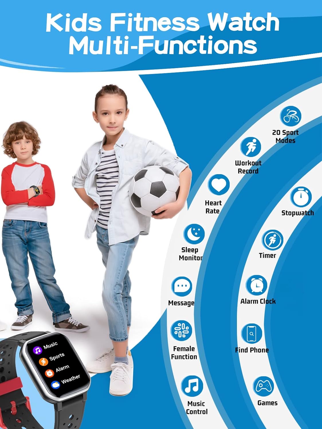 ULTREND Smart Watch for Kids, Fitness Activity Tracker, 1.44" touch screen, 3 Built-in games, IP68 waterproof, and 6 sports modes.