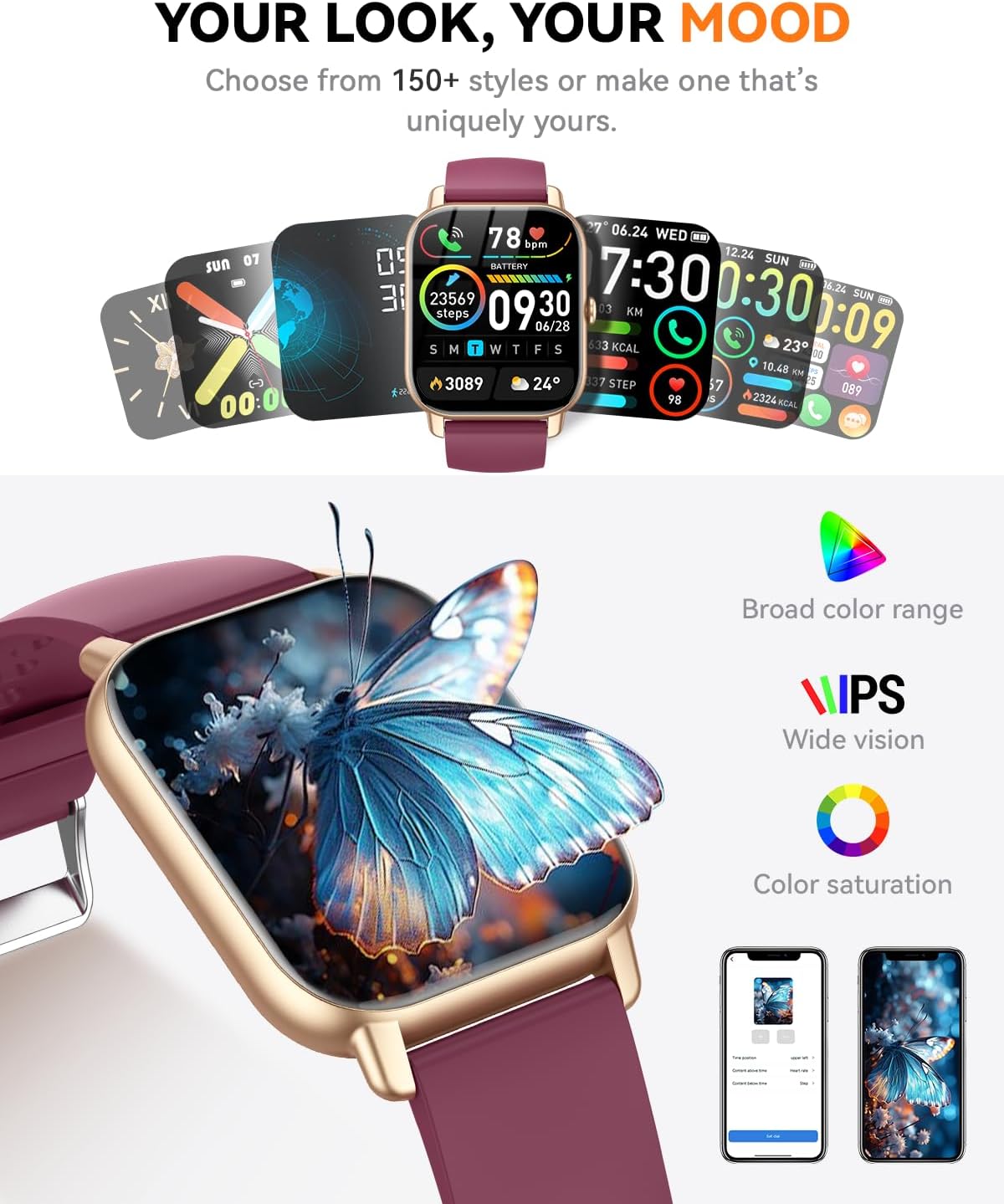 Smart Watch for Men & Women, 1.85" HD Fitness Tracker with Bluetooth Calling, Compatible with iOS & Android (Burgundy)